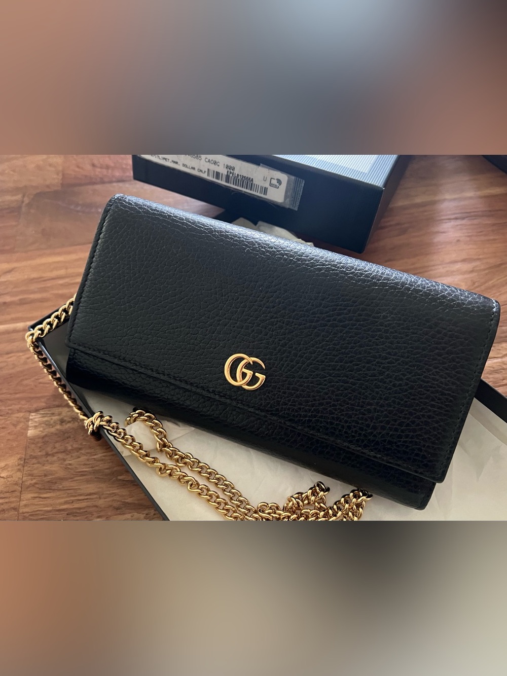 GUCCI Authentic Calfskin leather black and gold wallet on a chain clutch w/ box
